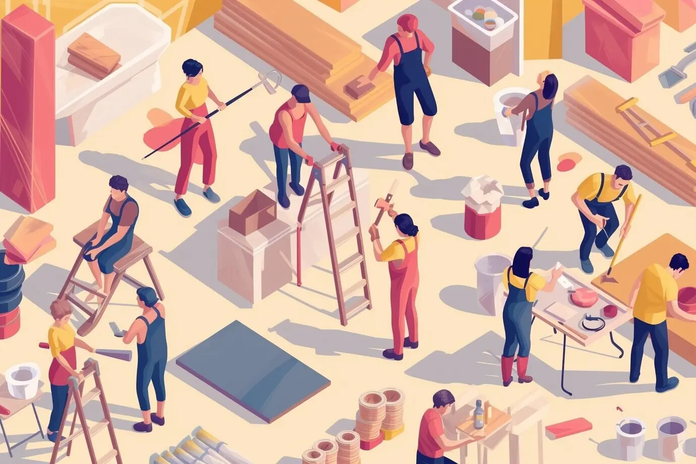 Verschiedene Personen, die in einer 3D-Cartoon-Szene gleichzeitig mehrere Aufgaben erledigen.